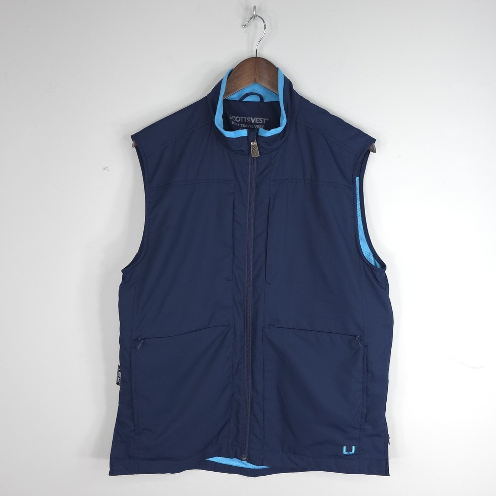 SCOTTeVEST Vest Mens Medium Blue Best Travel TEC Full Zip Pockets Outdoor